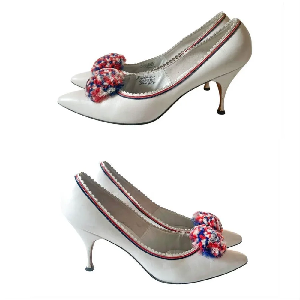 Vintage 50s/60s Julianelli's for Montaldo's  White Leather Pom Pom Heels 8AAA